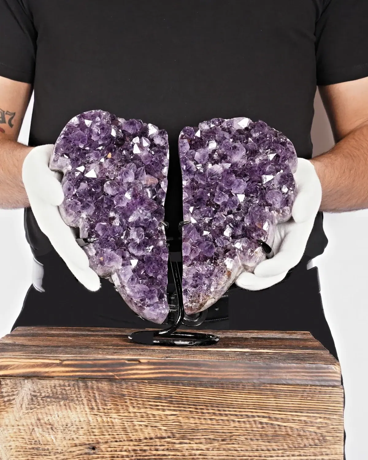 Der sichere dunkle Amethyst-Flügel in weiss behandschuhten Händen