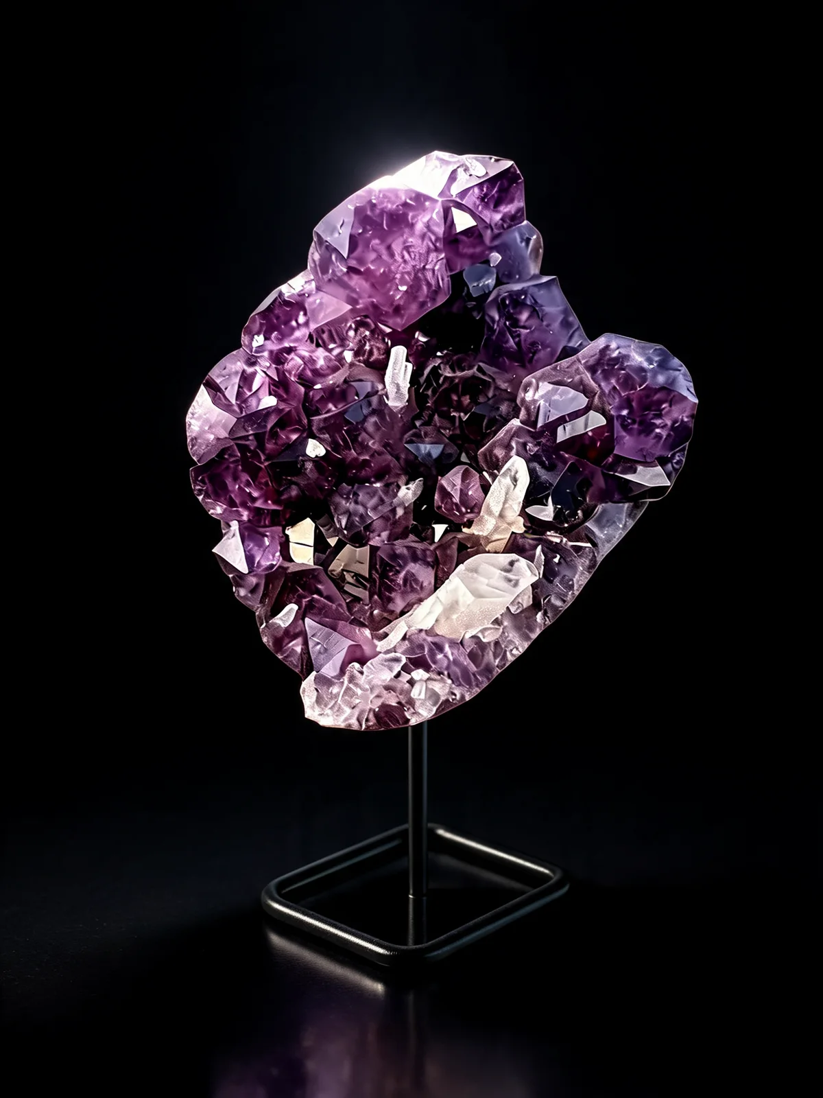 Polierte Amethyst Gruppe mit Calcit Türmen und Spitzen auf dem Ständer